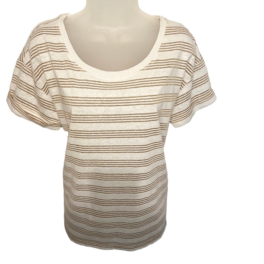 Talbots NWOT Linen Blend Top White Gold Metallic Stripe Short Roll Cuff Sleeve